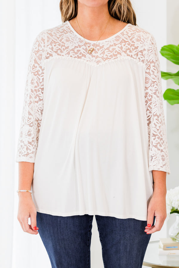 Chic Soul plus size clothing, quarter sleeve flowy ivory blouse with lace details and sleeves