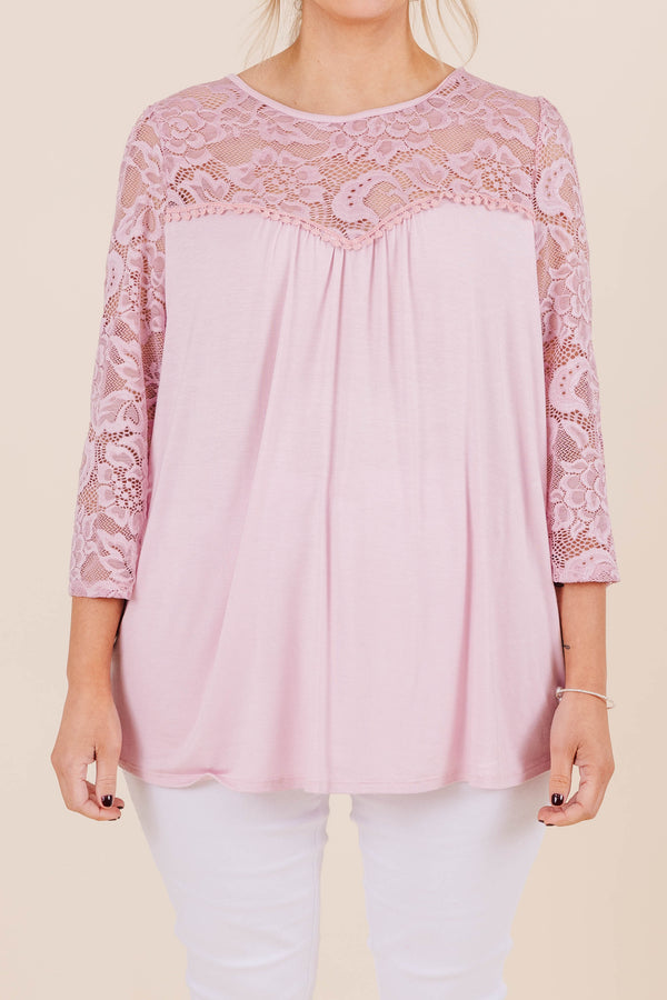 Chic Soul plus size clothing, three quarter length sleeve mauve top with lace chest detail and lace sleeves
