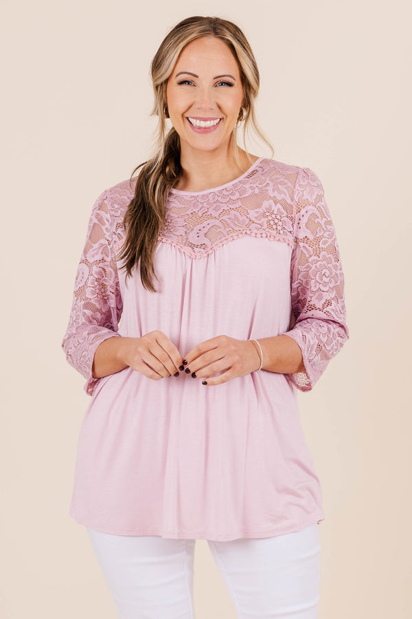 Chic Soul plus size clothing, three quarter length sleeve mauve top with lace chest detail and lace sleeves