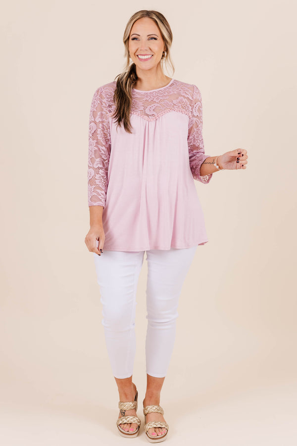 Chic Soul plus size clothing, three quarter length sleeve mauve top with lace chest detail and lace sleeves