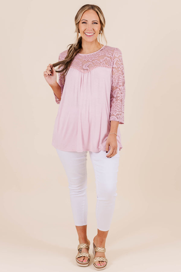 Chic Soul plus size clothing, three quarter length sleeve mauve top with lace chest detail and lace sleeves