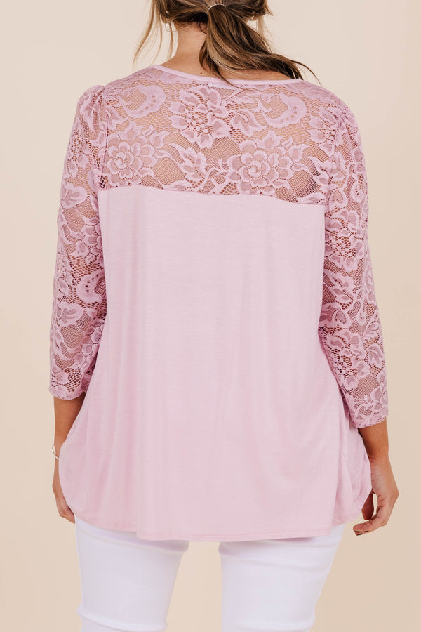 Chic Soul plus size clothing, three quarter length sleeve mauve top with lace chest detail and lace sleeves