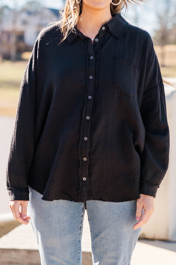 Chic Soul plus size clothing, black long sleeve button up long sleeve top with collar and cuff sleeve with distressed hem