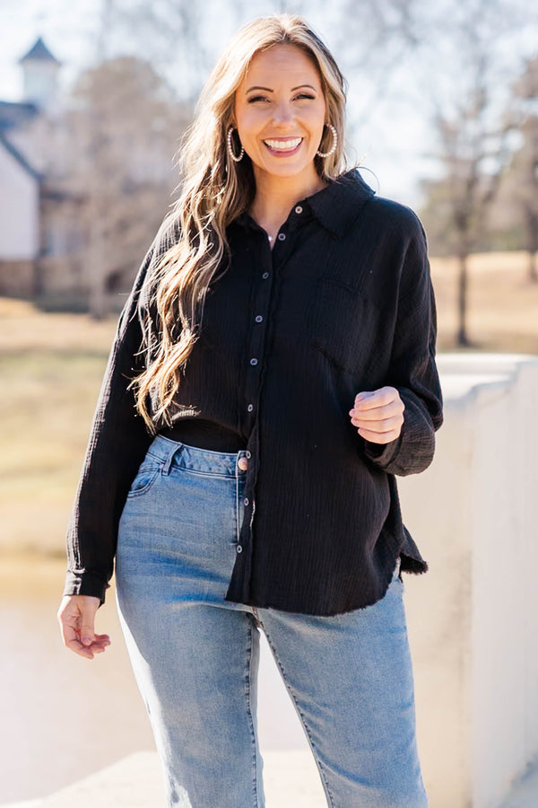 Chic Soul plus size clothing, black long sleeve button up long sleeve top with collar and cuff sleeve with distressed hem