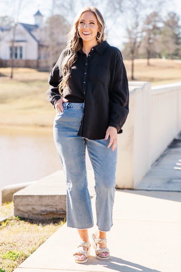Chic Soul plus size clothing, black long sleeve button up long sleeve top with collar and cuff sleeve with distressed hem