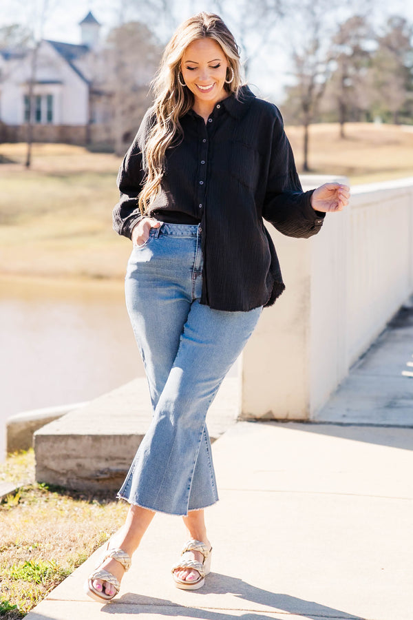Chic Soul plus size clothing, black long sleeve button up long sleeve top with collar and cuff sleeve with distressed hem