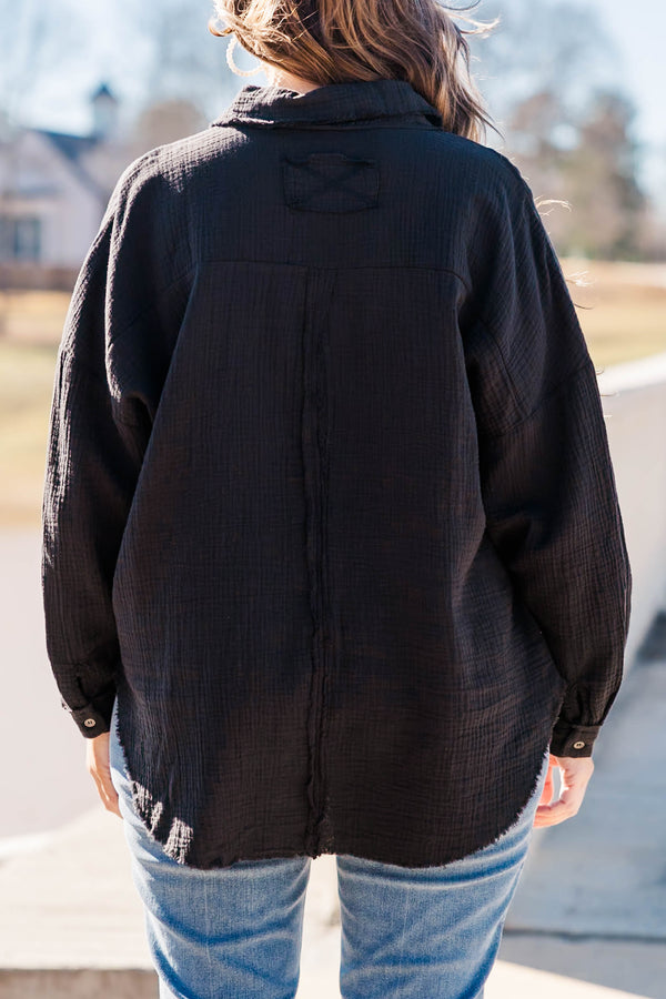 Chic Soul plus size clothing, black long sleeve button up long sleeve top with collar and cuff sleeve with distressed hem