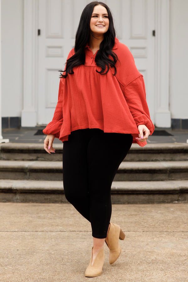 Chic Soul plus size clothing, rust colored flowy collared neckline top with bubble sleeves