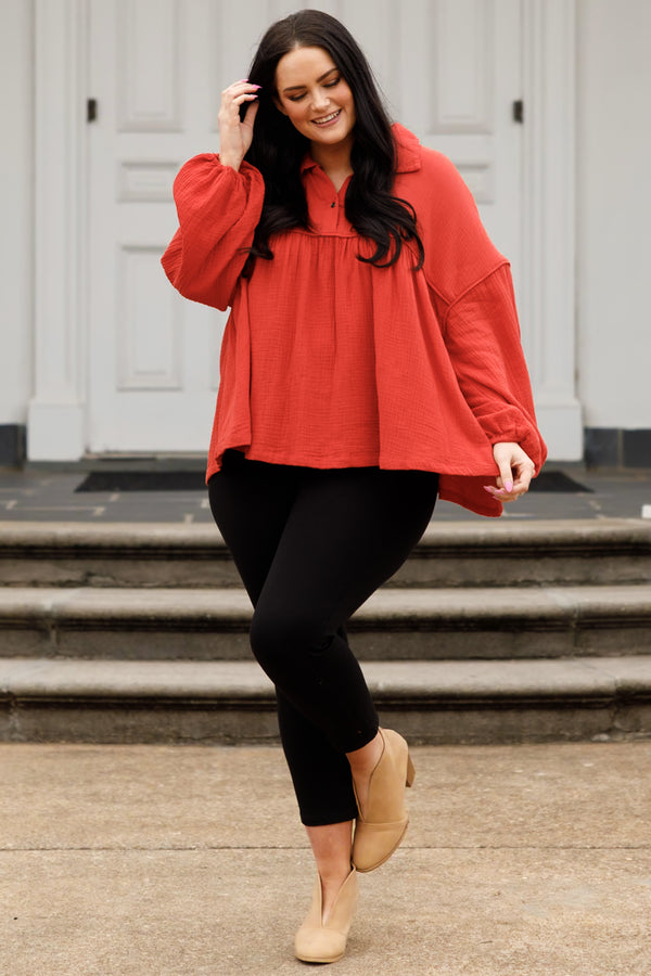 Chic Soul plus size clothing, rust colored flowy collared neckline top with bubble sleeves
