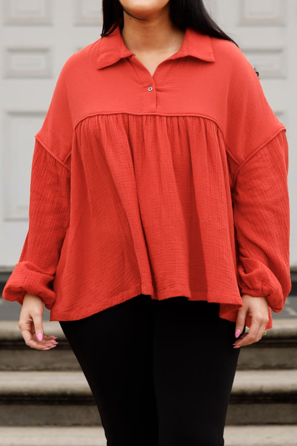 Chic Soul plus size clothing, rust colored flowy collared neckline top with bubble sleeves