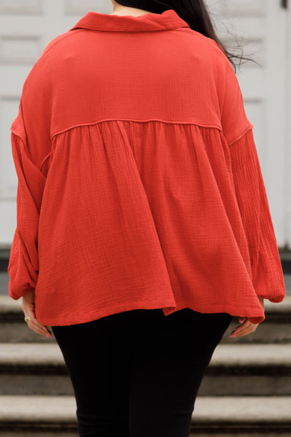 Chic Soul plus size clothing, rust colored flowy collared neckline top with bubble sleeves
