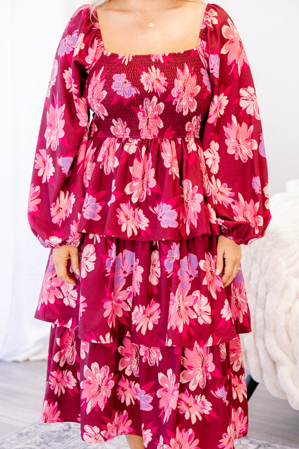 Chic Soul plus size clothing, dark pink long sleeve square neck tiered mxi dress with light pink flowers