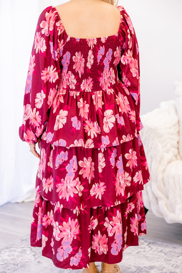 Chic Soul plus size clothing, dark pink long sleeve square neck tiered mxi dress with light pink flowers