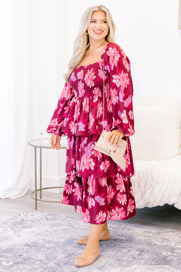 Chic Soul plus size clothing, dark pink long sleeve square neck tiered mxi dress with light pink flowers