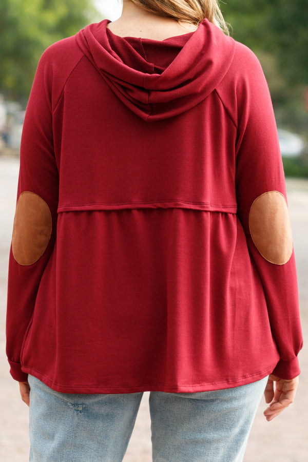 Chic Soul plus size clothing, burgundy colored babydoll hooded top with beige string detail