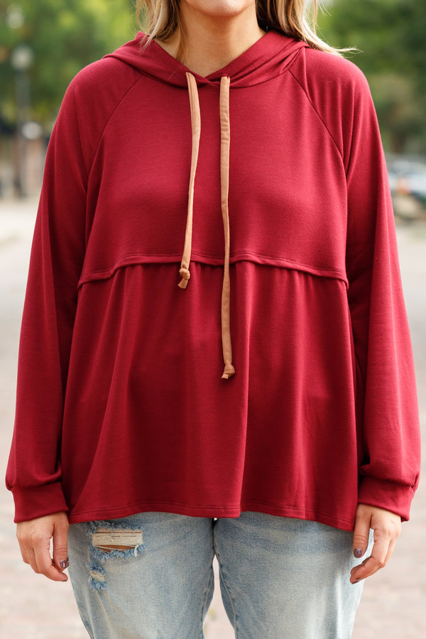 Chic Soul plus size clothing, burgundy colored babydoll hooded top with beige string detail
