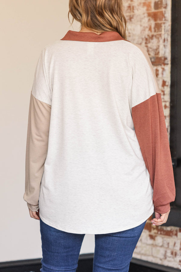 Chic Soul plus size clothing, oatmeal colored button up shacket with rust and light pink details