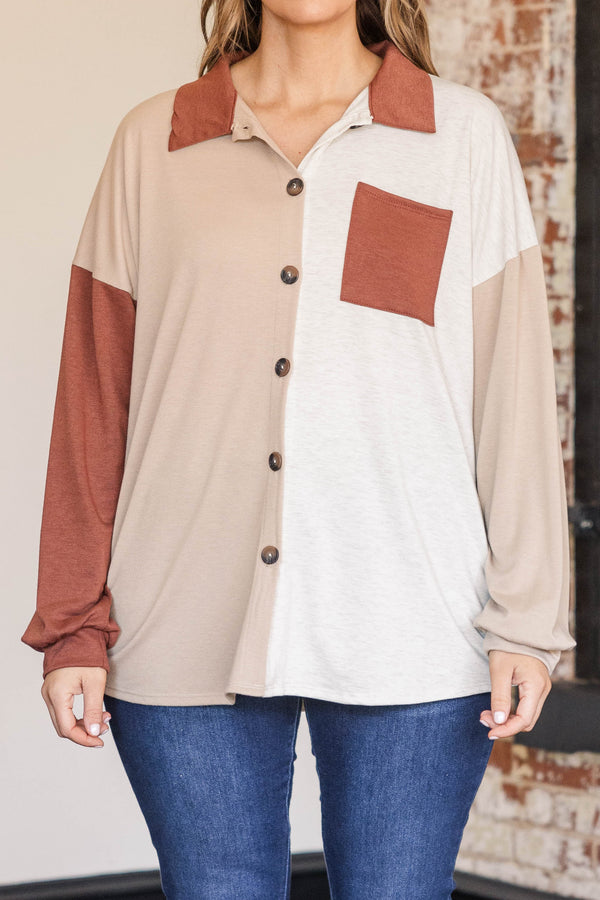 Chic Soul plus size clothing, oatmeal colored button up shacket with rust and light pink details