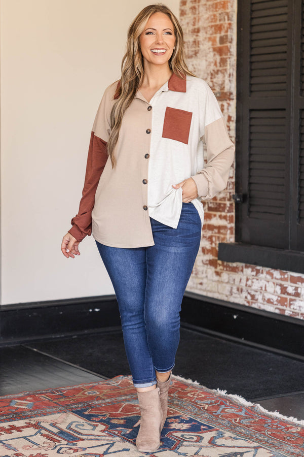 Chic Soul plus size clothing, oatmeal colored button up shacket with rust and light pink details