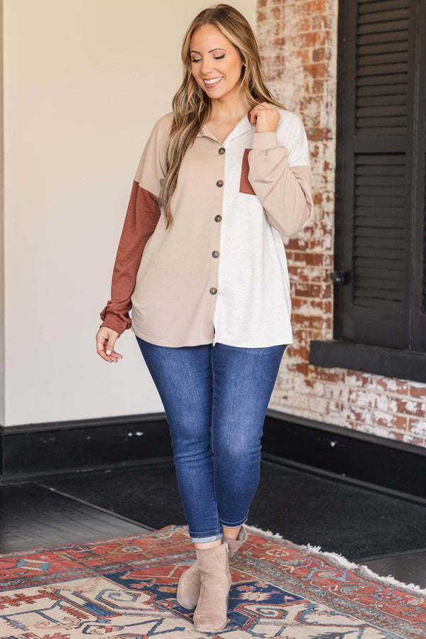 Chic Soul plus size clothing, oatmeal colored button up shacket with rust and light pink details