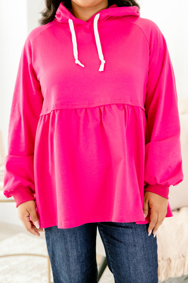 Chic Soul plus size clothing, plum pink long sleeve baby doll hoodie with two white drawstrings at the top