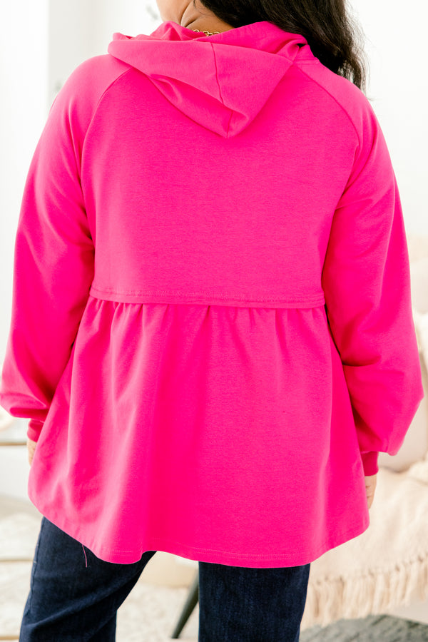 Chic Soul plus size clothing, plum pink long sleeve baby doll hoodie with two white drawstrings at the top