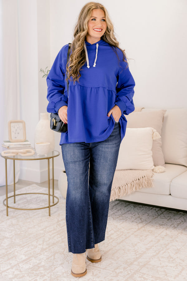 Chic Soul plus size clothing, royal blue long sleeve hoodie top with peplum style hem and drawstrings at the neck