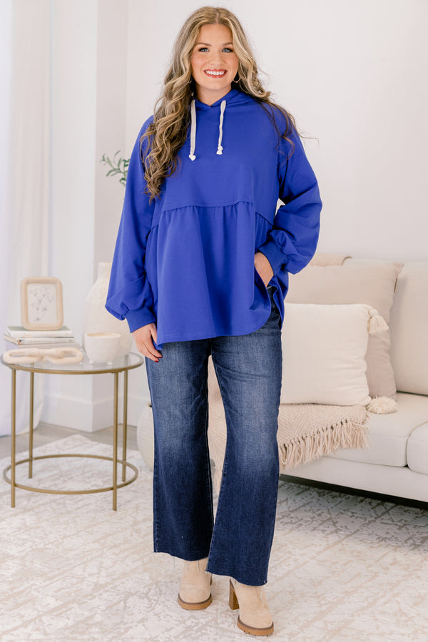 Chic Soul plus size clothing, royal blue long sleeve hoodie top with peplum style hem and drawstrings at the neck