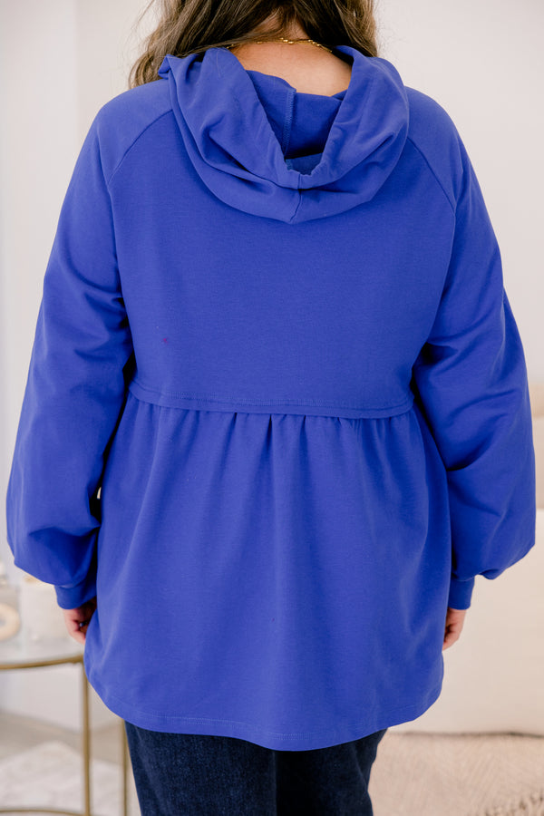 Chic Soul plus size clothing, royal blue long sleeve hoodie top with peplum style hem and drawstrings at the neck