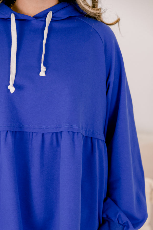 Chic Soul plus size clothing, royal blue long sleeve hoodie top with peplum style hem and drawstrings at the neck