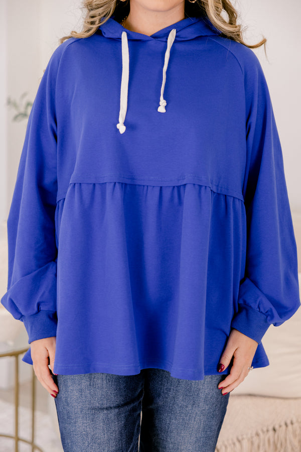 Chic Soul plus size clothing, royal blue long sleeve hoodie top with peplum style hem and drawstrings at the neck