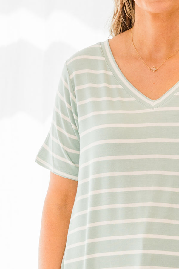 Chic Soul plus size clothing, short sleeve light green-ivory striped top with v-neckline