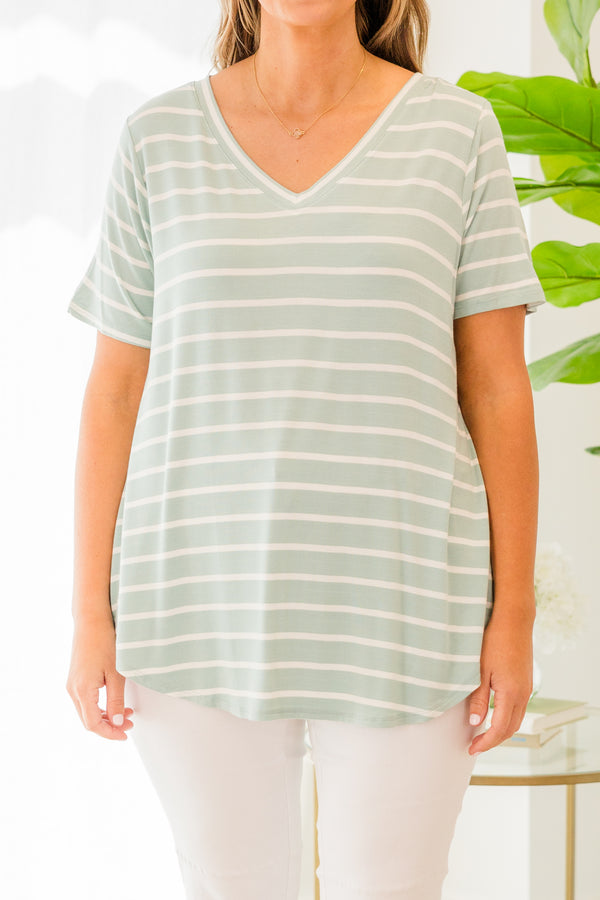 Chic Soul plus size clothing, short sleeve light green-ivory striped top with v-neckline