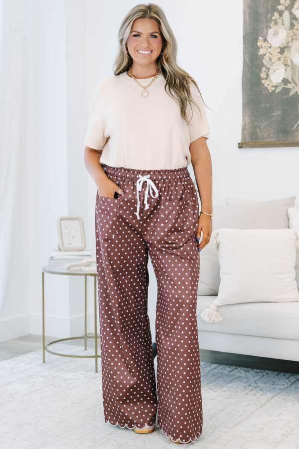 Plus size clothing, brown and white polka dot pants with elastic waistband and adjustable drawstring