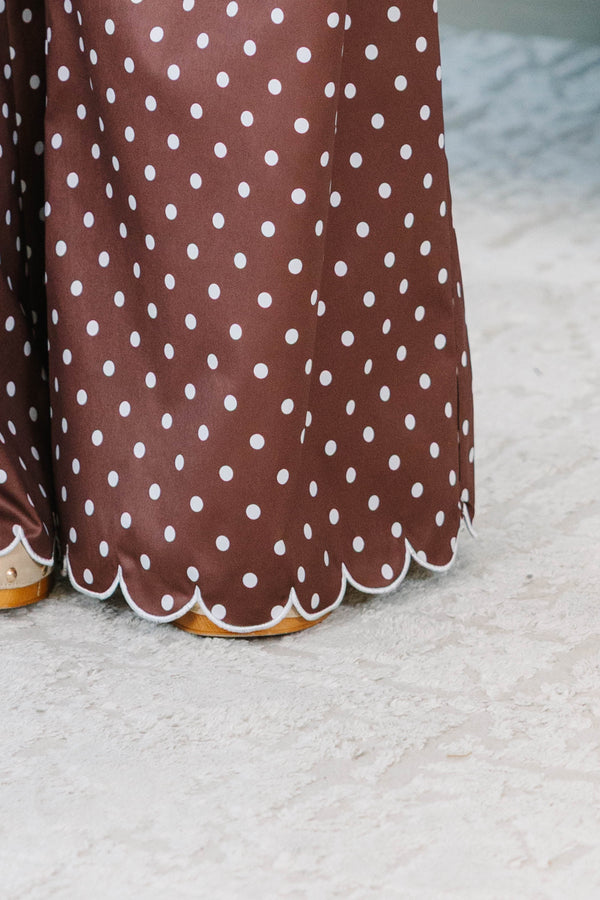 Plus size clothing, brown and white polka dot pants with elastic waistband and adjustable drawstring