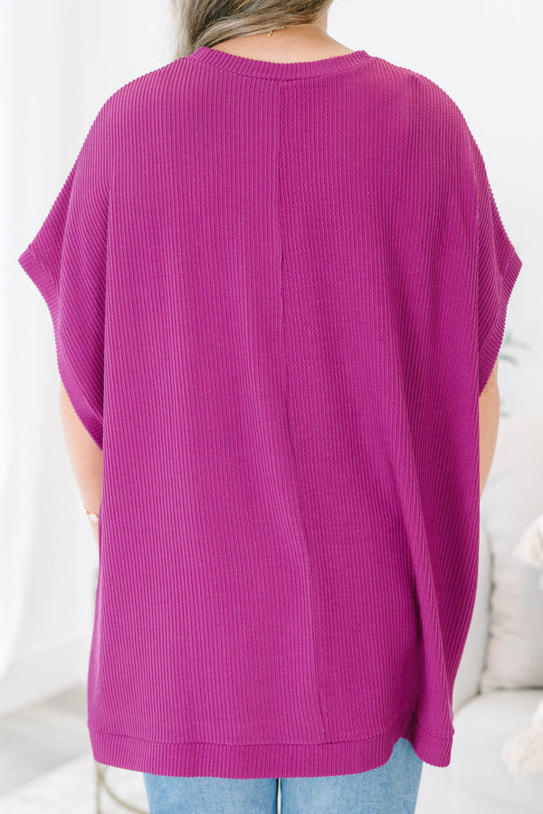 Chic Soul plus size clothing, short-sleeve berry purple top with scoop-neckline and ribbed material 