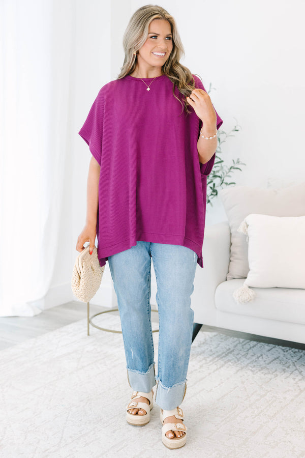 Chic Soul plus size clothing, short-sleeve berry purple top with scoop-neckline and ribbed material 