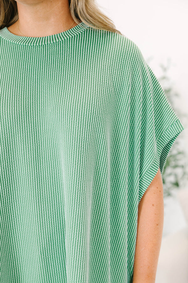 Chic Soul plus size clothing, green ribbed short sleeve flowy top with round neckline and cuff sleeves