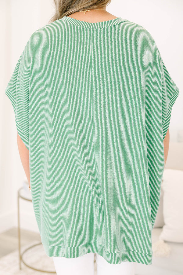 Chic Soul plus size clothing, green ribbed short sleeve flowy top with round neckline and cuff sleeves