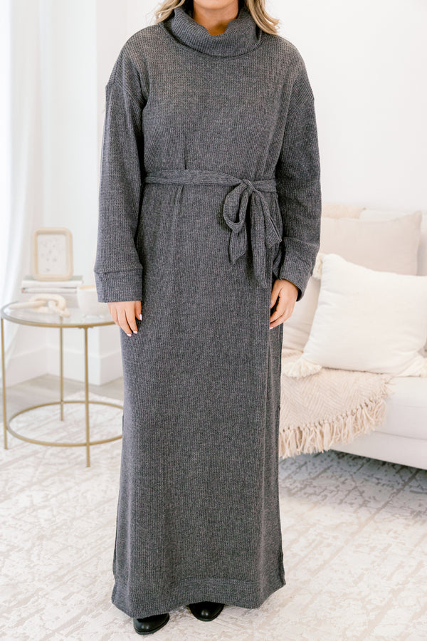 Chic Soul plus size clothing, charcoal grey long sleeve turtle neck sweater dress with tie belt at the waist