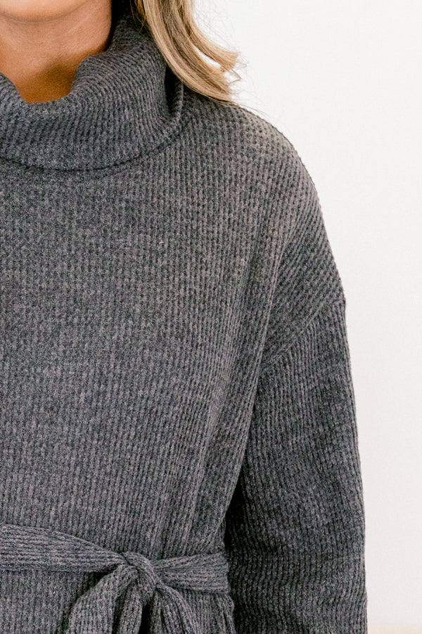 Chic Soul plus size clothing, charcoal grey long sleeve turtle neck sweater dress with tie belt at the waist