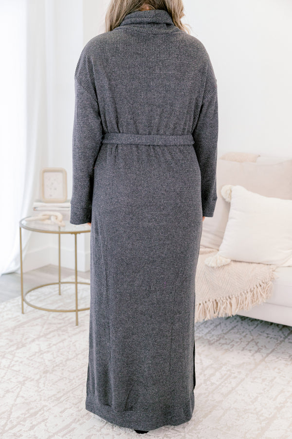 Chic Soul plus size clothing, charcoal grey long sleeve turtle neck sweater dress with tie belt at the waist