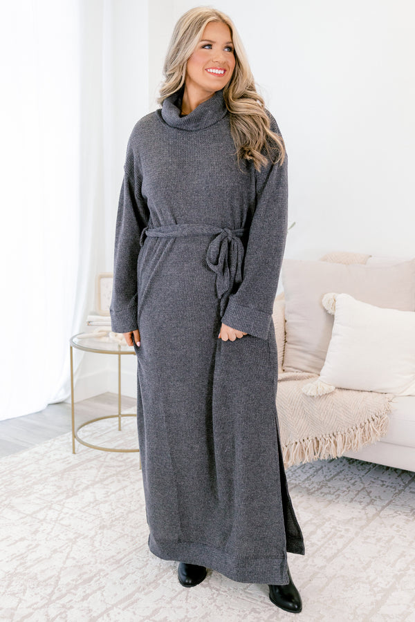 Chic Soul plus size clothing, charcoal grey long sleeve turtle neck sweater dress with tie belt at the waist
