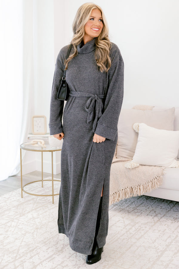 Chic Soul plus size clothing, charcoal grey long sleeve turtle neck sweater dress with tie belt at the waist
