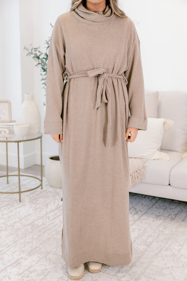 Chic Soul plus size clothing, mocha brown long sleeve turtle neck sweater dress with tie belt at the waist