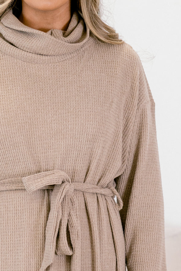 Chic Soul plus size clothing, mocha brown long sleeve turtle neck sweater dress with tie belt at the waist
