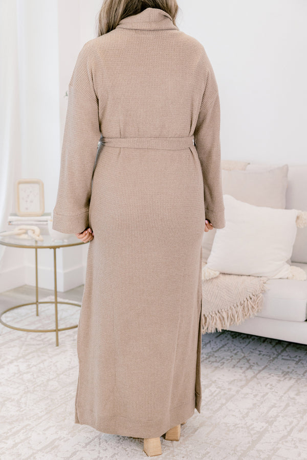 Chic Soul plus size clothing, mocha brown long sleeve turtle neck sweater dress with tie belt at the waist