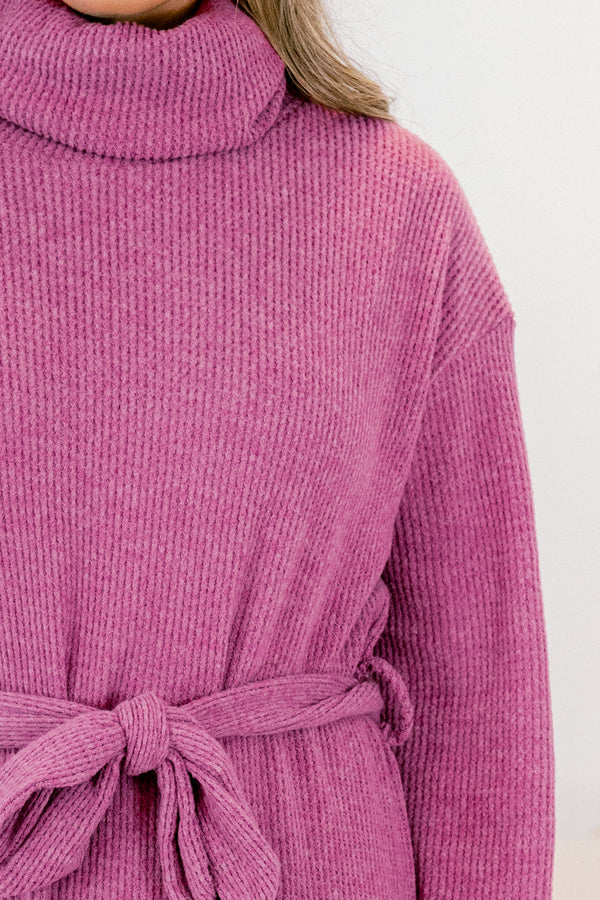 Chic Soul plus size clothing, long sleeve violet purple maxi dress with side slit, tied waist belt and turtleneck details