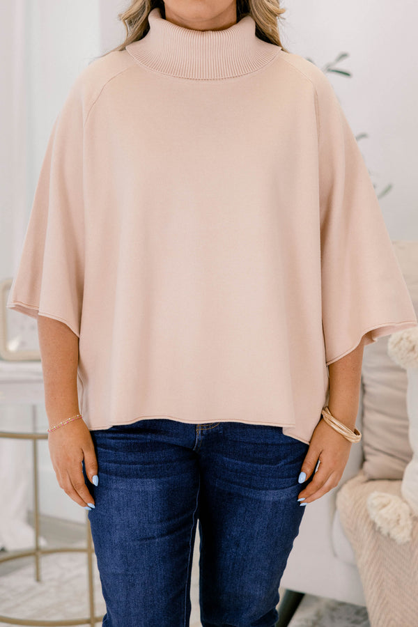 Chic Soul plus size clothing, light tan 3/4 wide sleeve turtle neck sweater