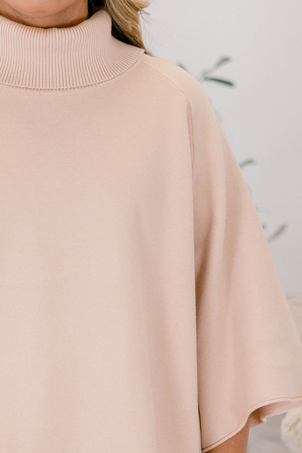 Chic Soul plus size clothing, light tan 3/4 wide sleeve turtle neck sweater